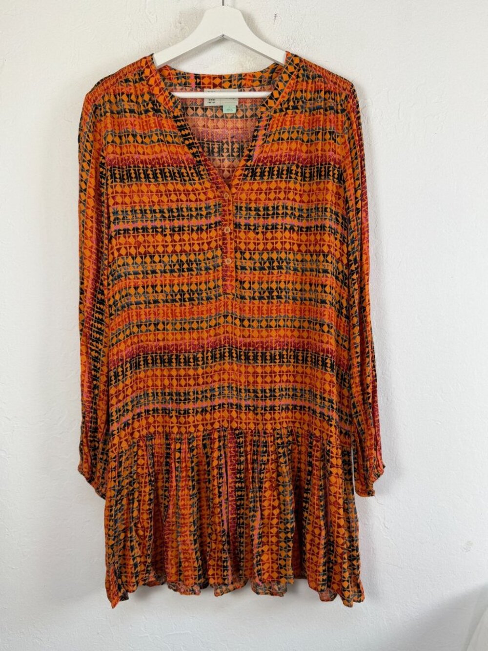 Anthropologie Saturday/Sunday Orange Geometric Henley Elyn Tunic Dress Small